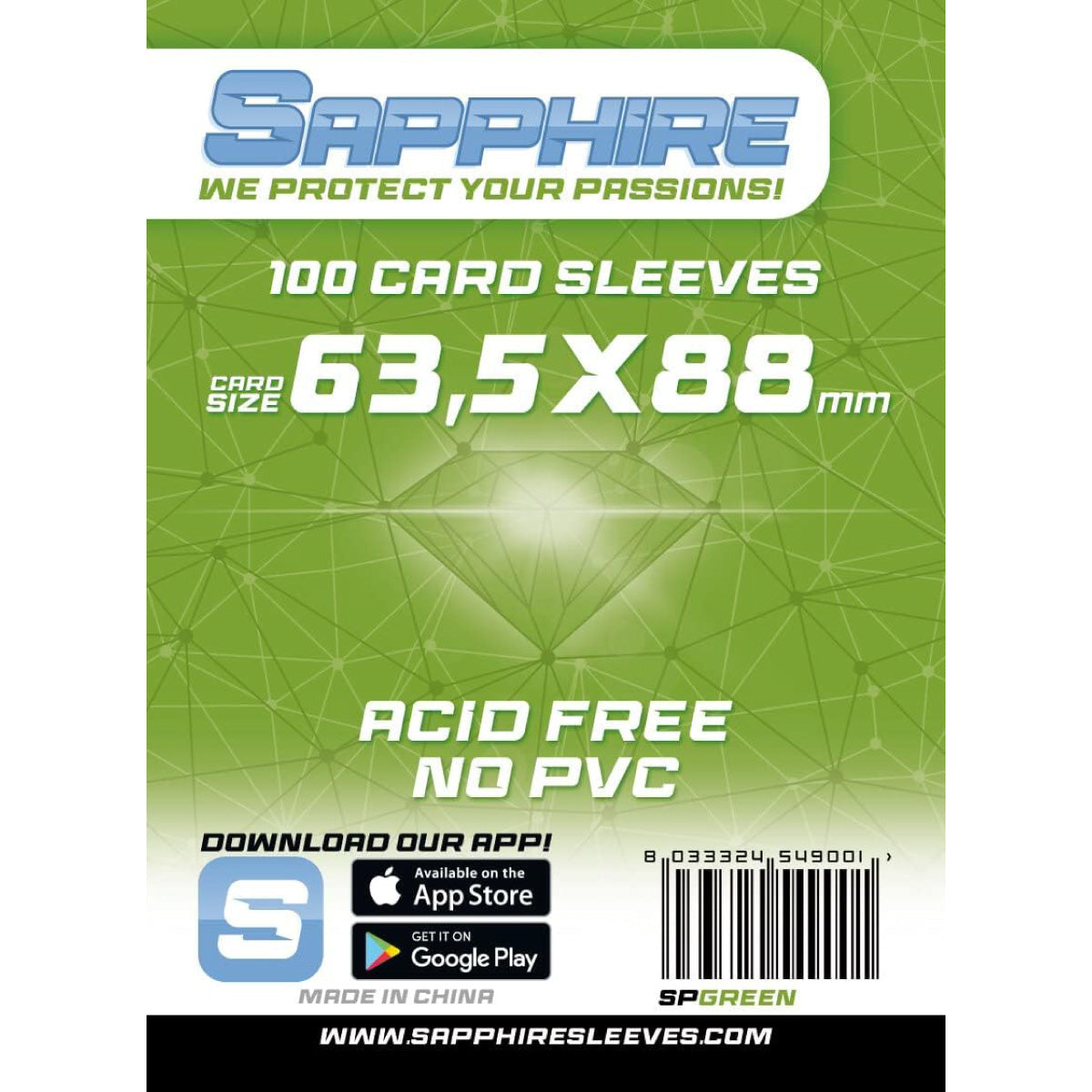 sapphire sleeves green - 100 bustine 63,5x88mm