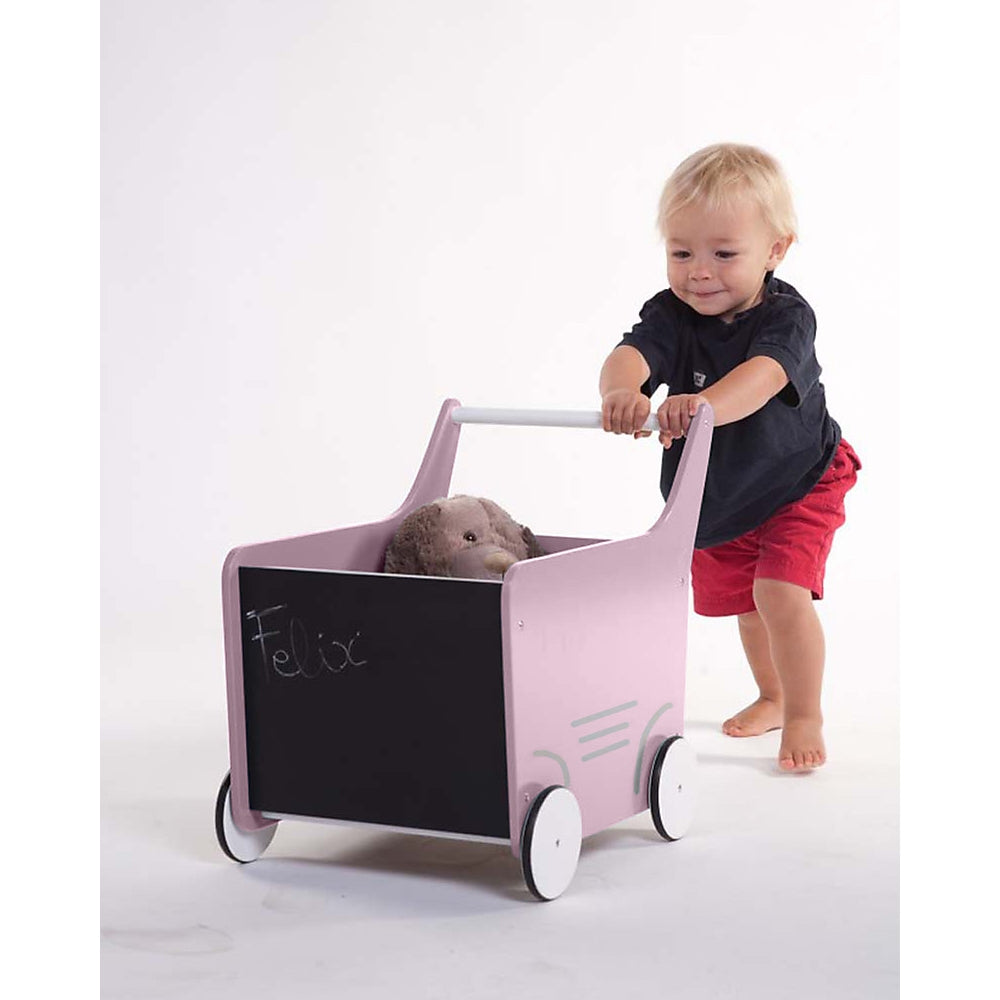 carrello portagiochi in legno con lavagna, rosa pallido - perfetto per i primi passi!