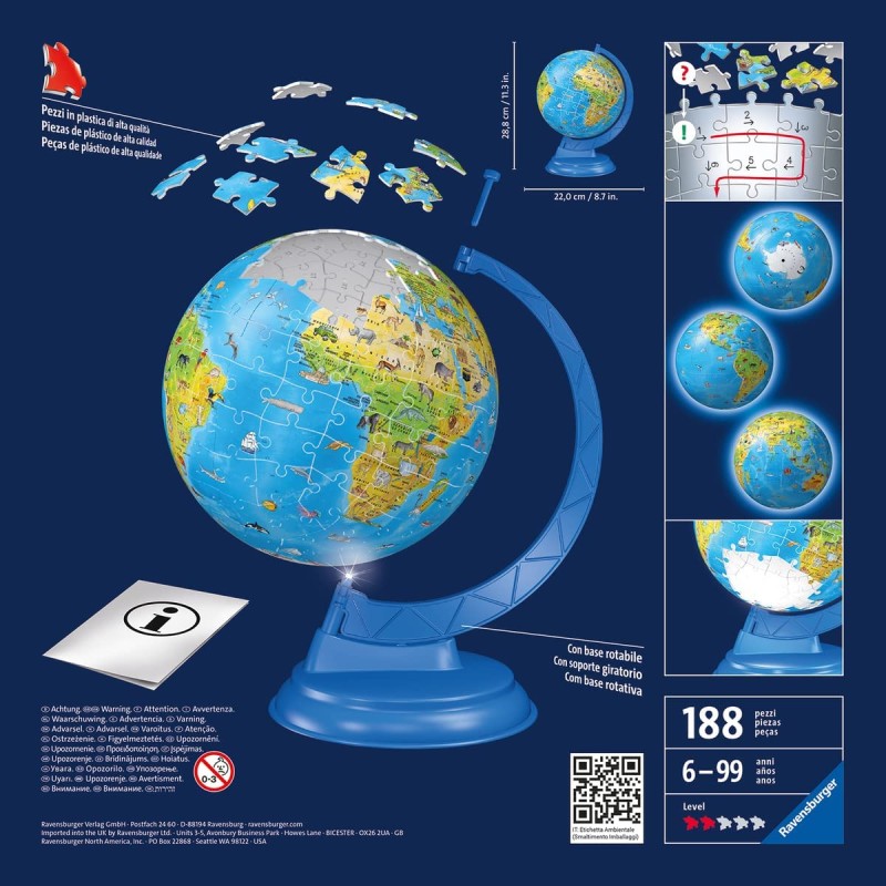 globo mappamondo night edition - puzzle 3d 180 pezzi