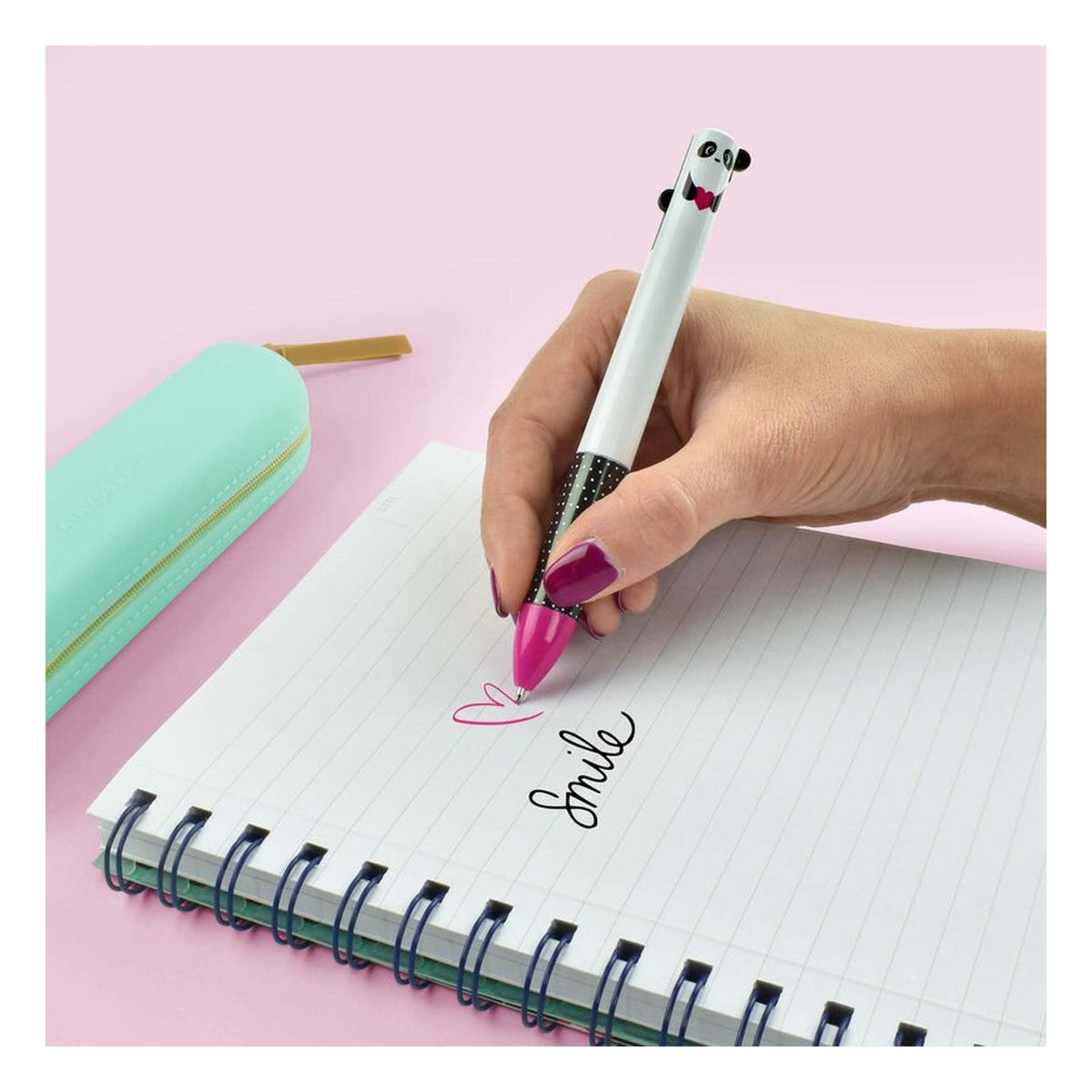 penna a due colori - click&clack - panda rosa-nero