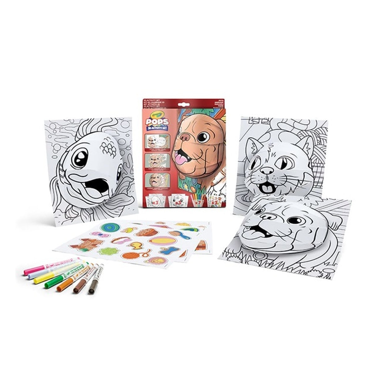 set attività pops pets - 3 disegni 3d, 7 pennarelli, 3 fogli adesivi