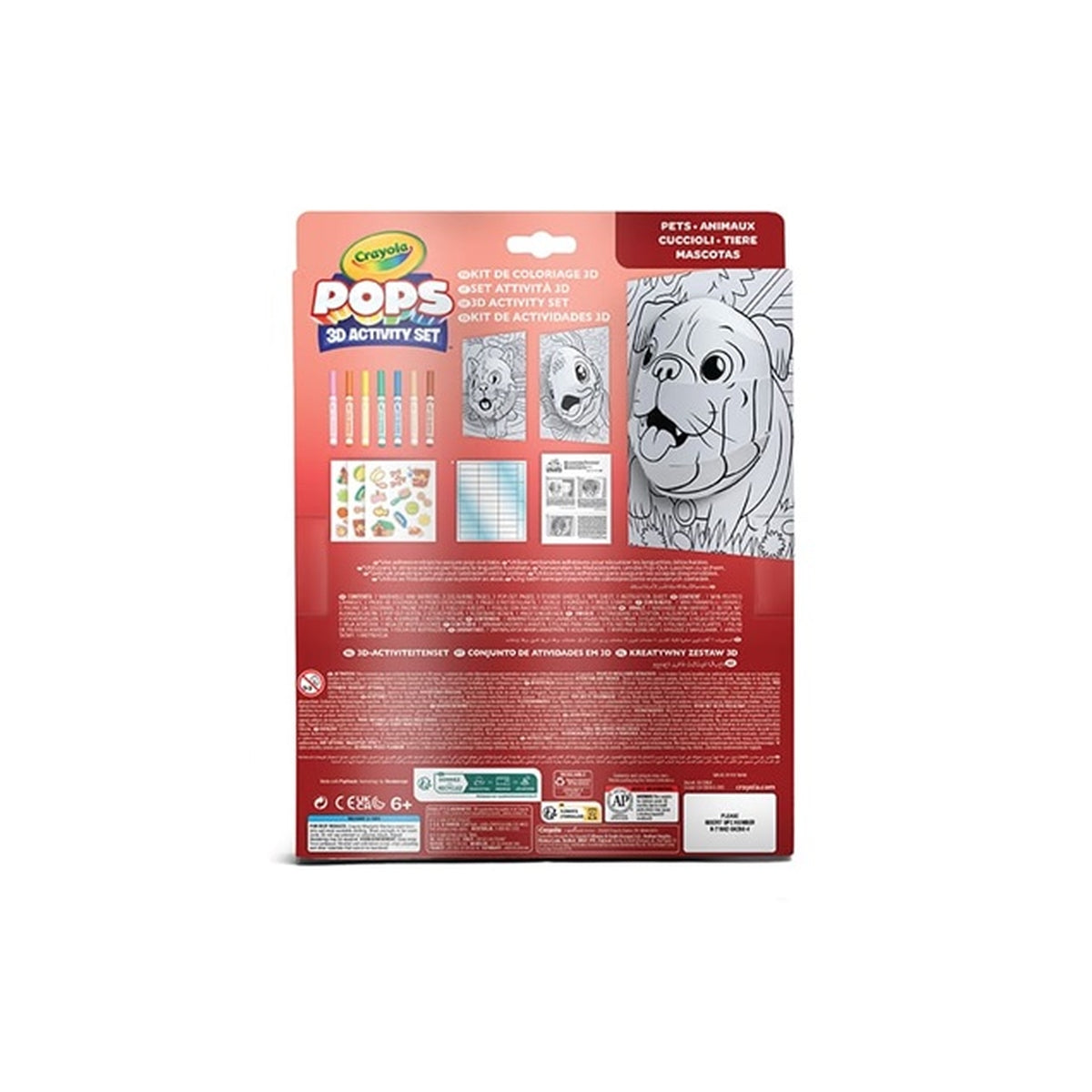 set attività pops pets - 3 disegni 3d, 7 pennarelli, 3 fogli adesivi