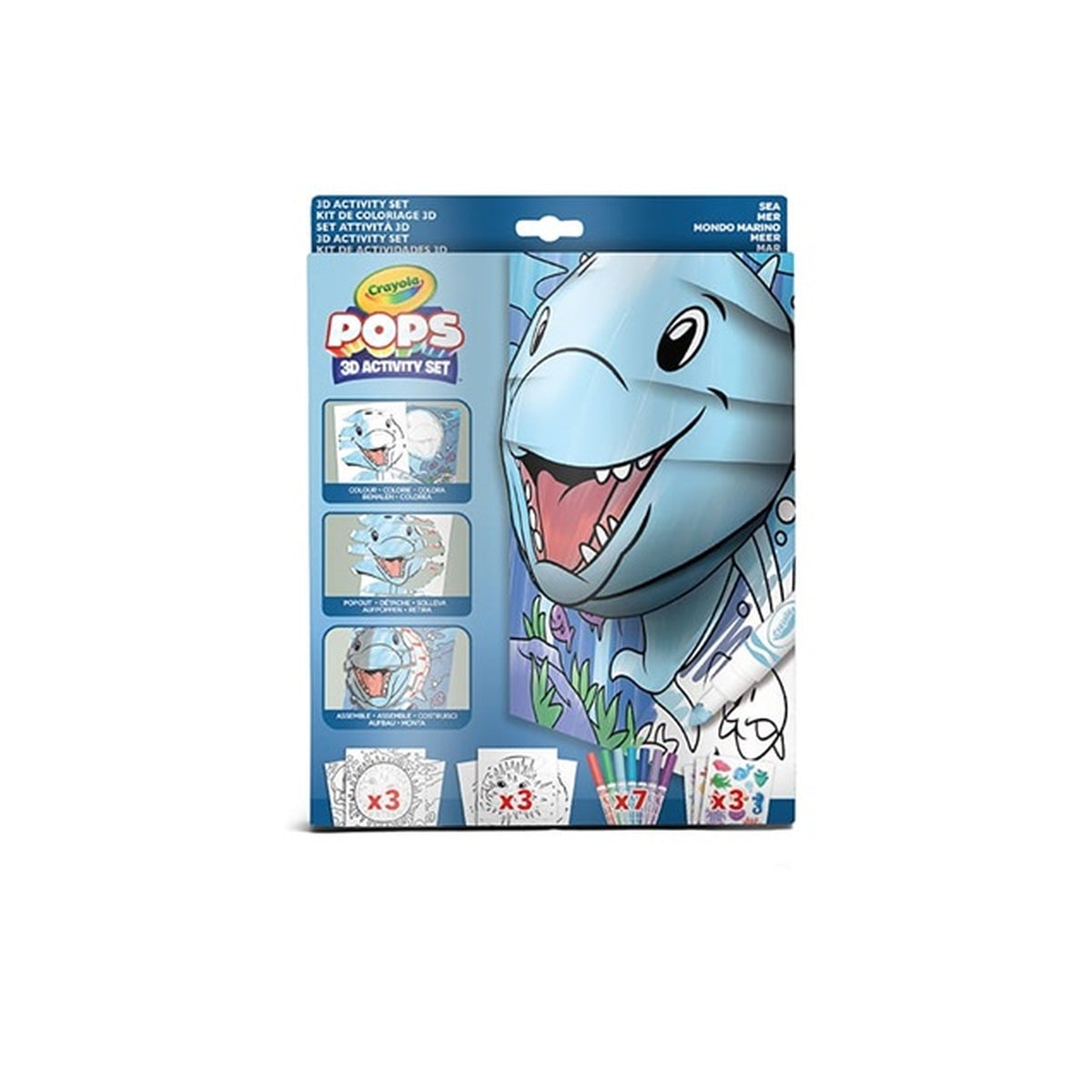 set attività pops mondo marino - 3 disegni 3d, 7 pennarelli, 3 fogli adesivi