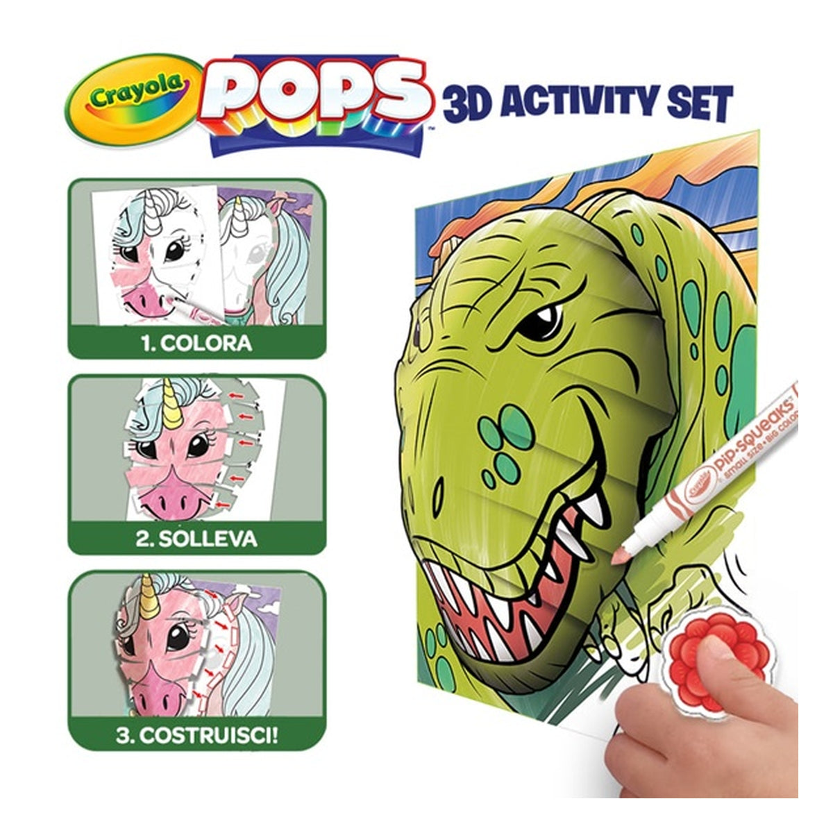 set attività pops dinosauri - 3 disegni 3d, 7 pennarelli, 3 fogli adesivi