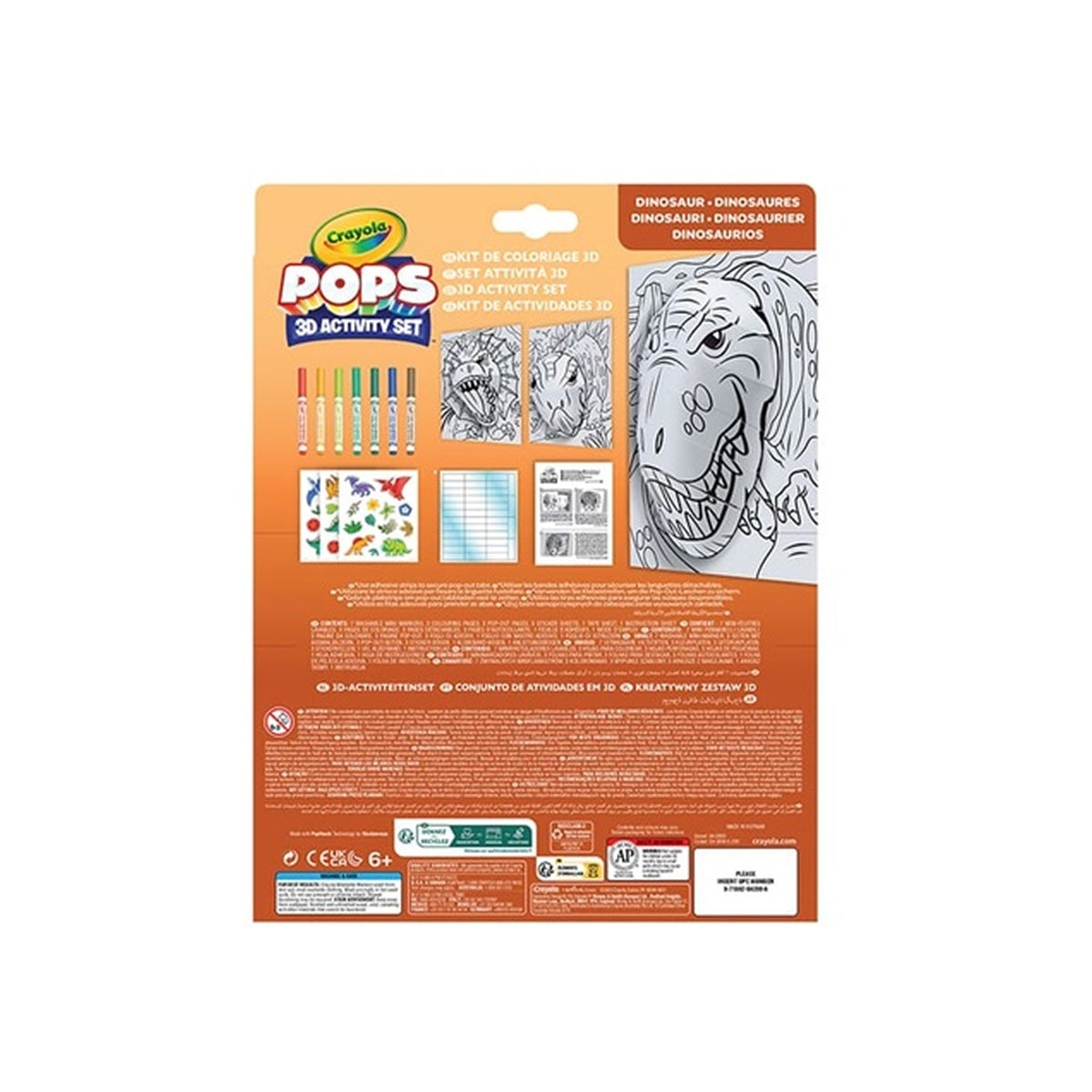 set attività pops dinosauri - 3 disegni 3d, 7 pennarelli, 3 fogli adesivi