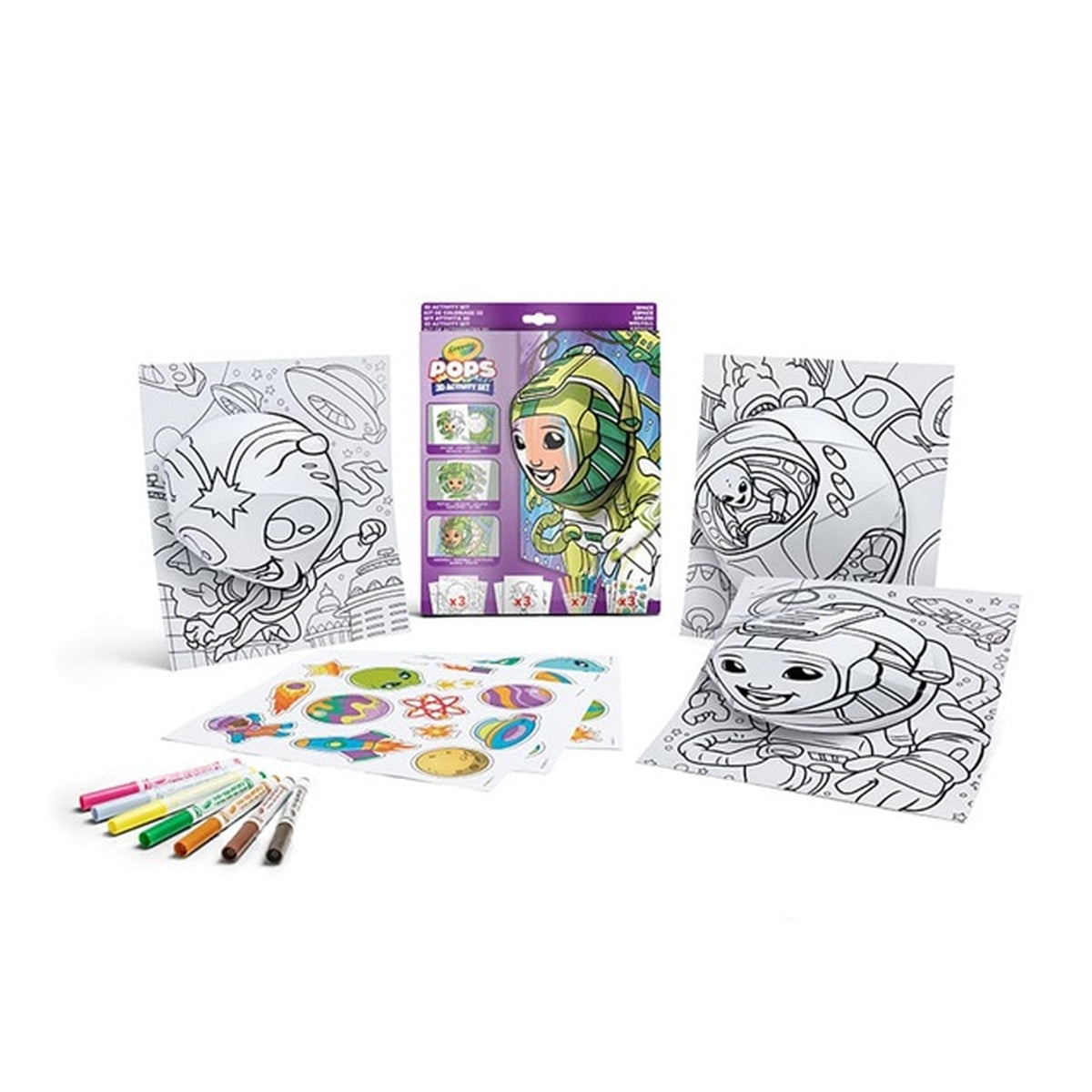 set attività pops spazio - 3 disegni 3d, 7 pennarelli, 3 fogli adesivi