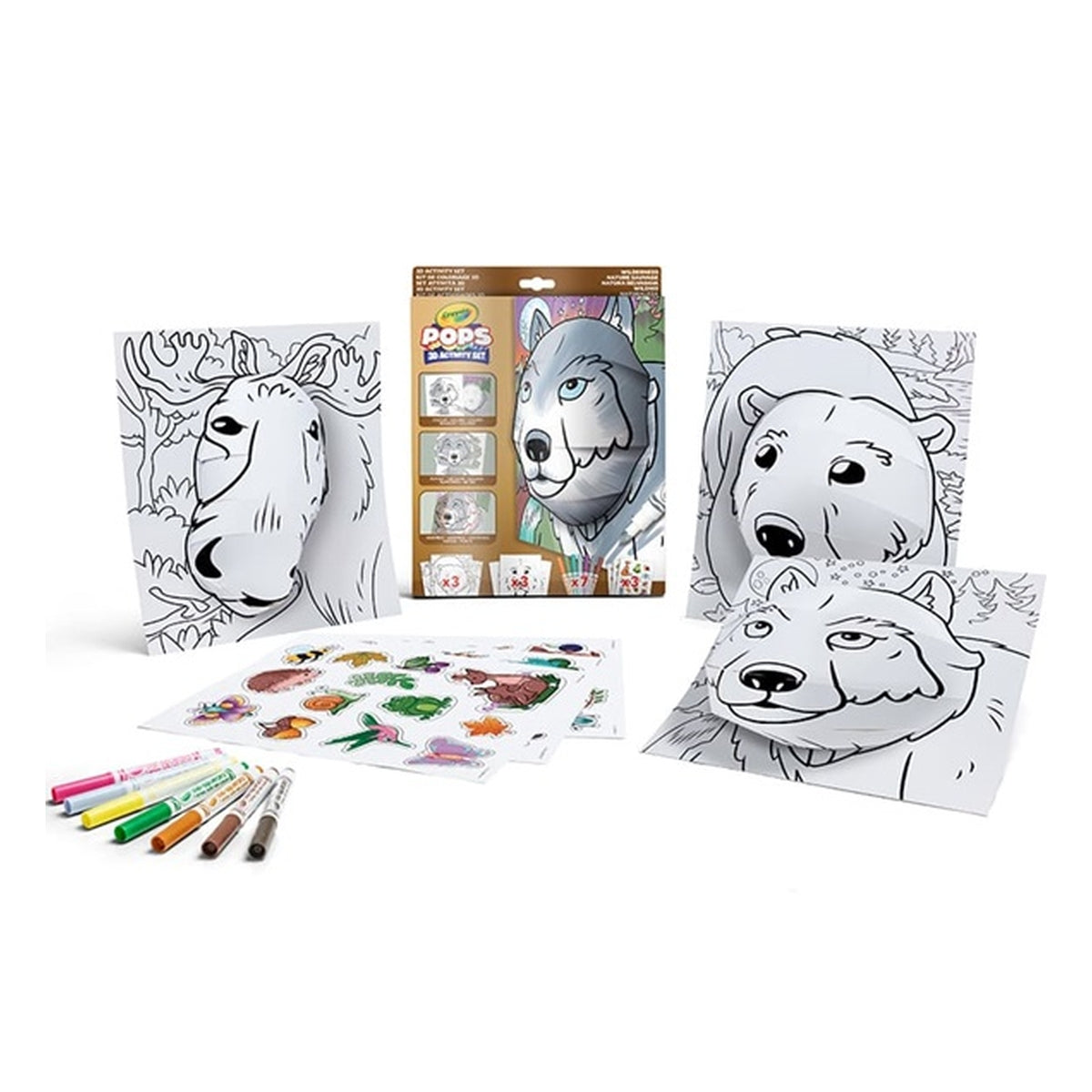 set attività pops natura selvaggia - 3 disegni 3d, 7 pennarelli, 3 fogli adesivi