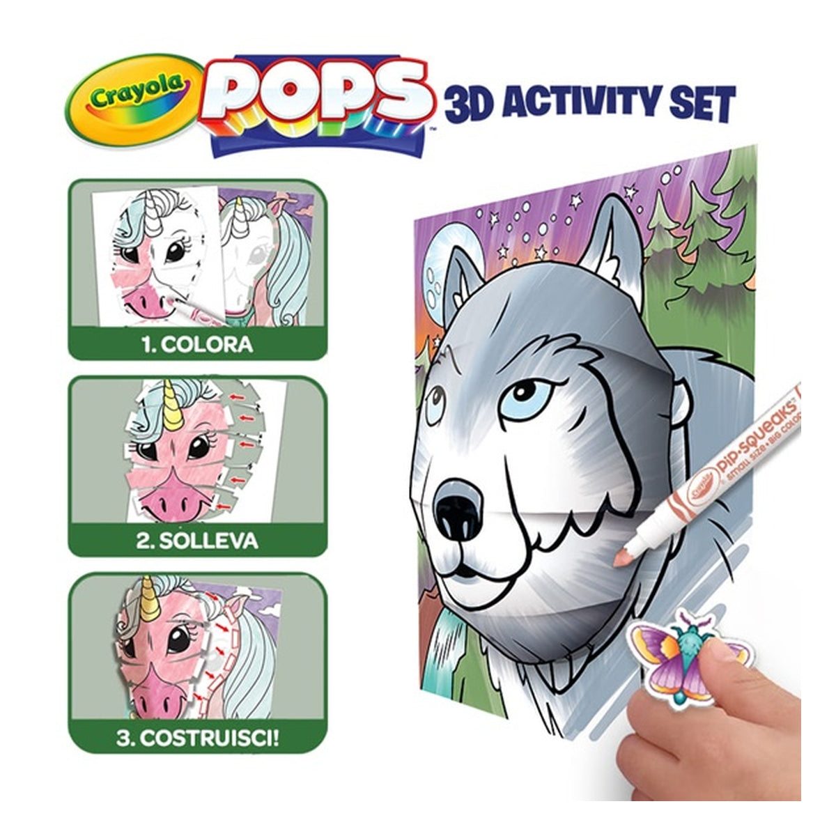 set attività pops natura selvaggia - 3 disegni 3d, 7 pennarelli, 3 fogli adesivi