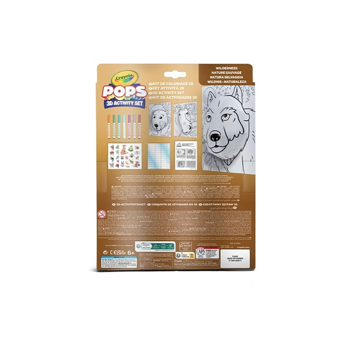 set attività pops natura selvaggia - 3 disegni 3d, 7 pennarelli, 3 fogli adesivi
