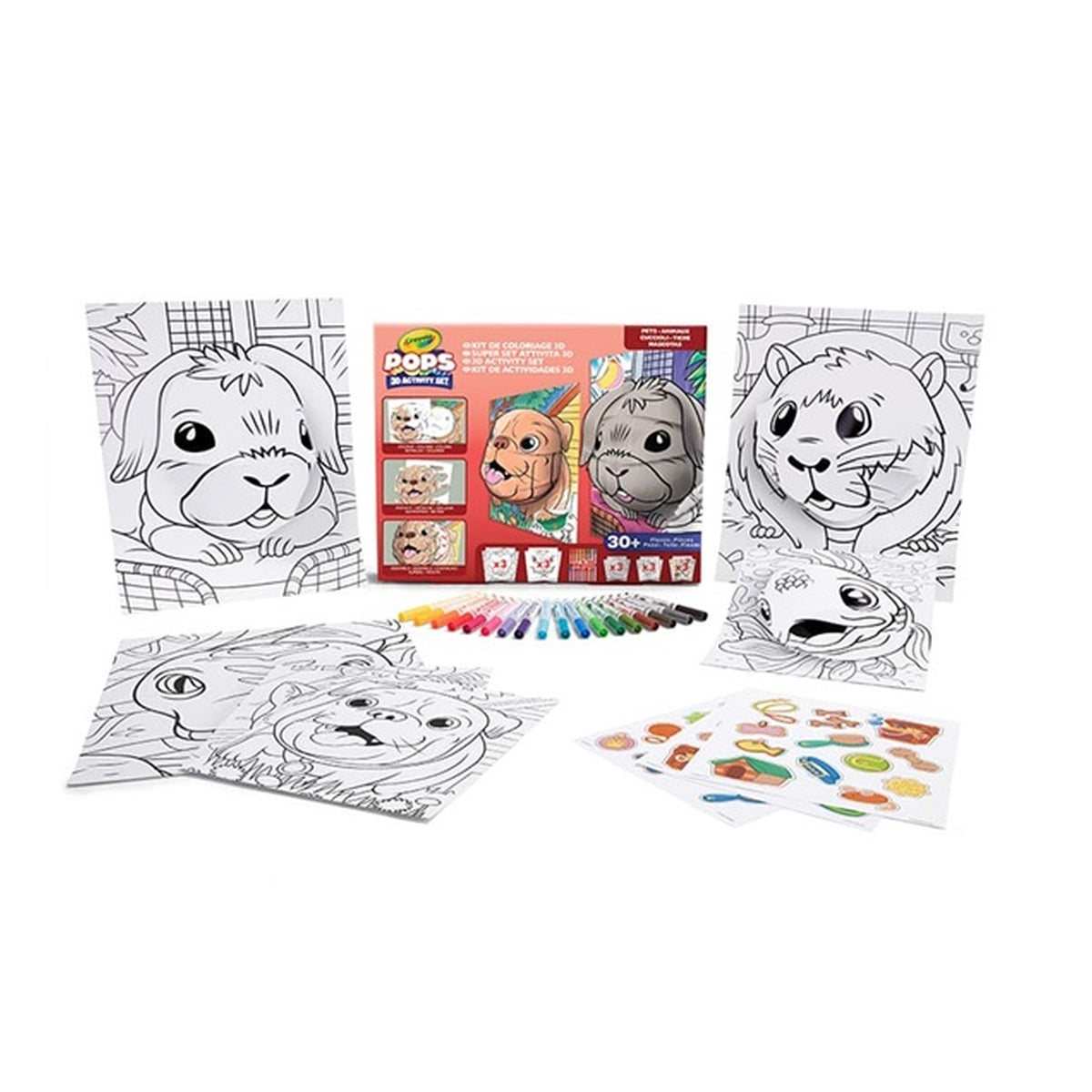 super set pops pets - 6 disegni 3d, 18 pennarelli, 3 fogli adesivi