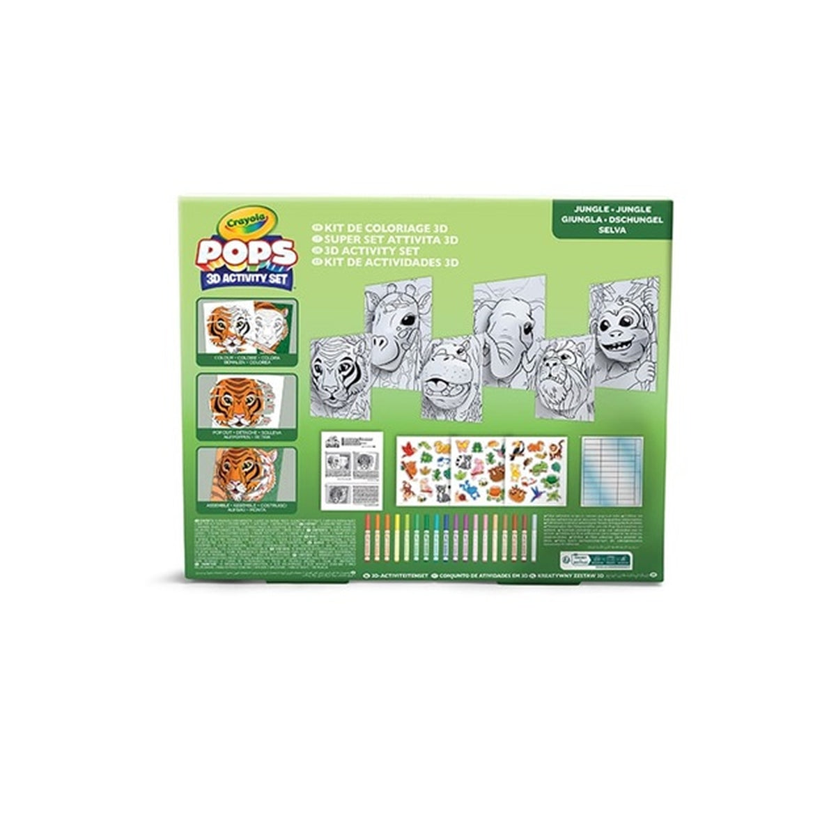 super set pops giungla - 6 disegni 3d, 18 pennarelli, 3 fogli adesivi