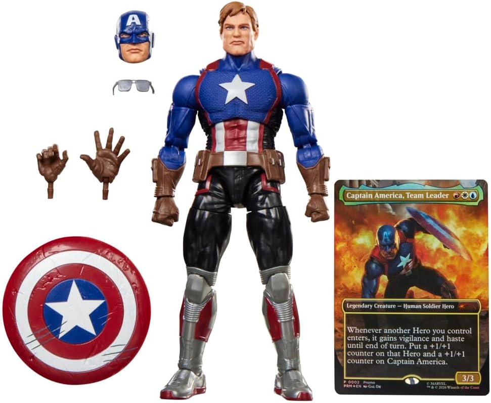 marvel legend series - captain america - personaggio snodabile con carta magic