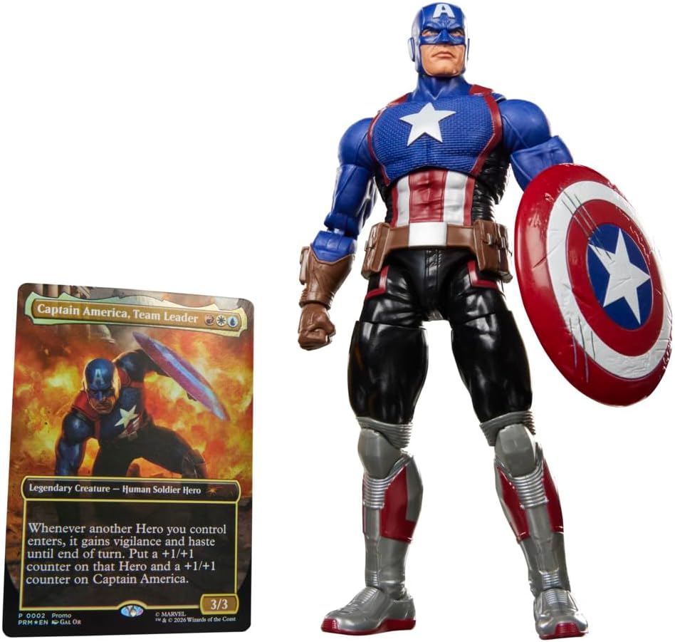 marvel legend series - captain america - personaggio snodabile con carta magic