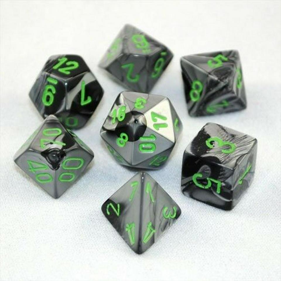 gemini nero e argento/verde - set di 7 dadi poliedrici